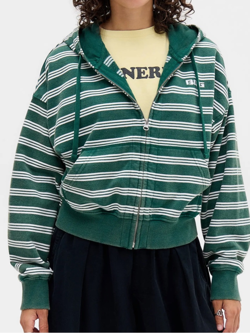 BDG Green and White Striped Zip Hoodie Sweater